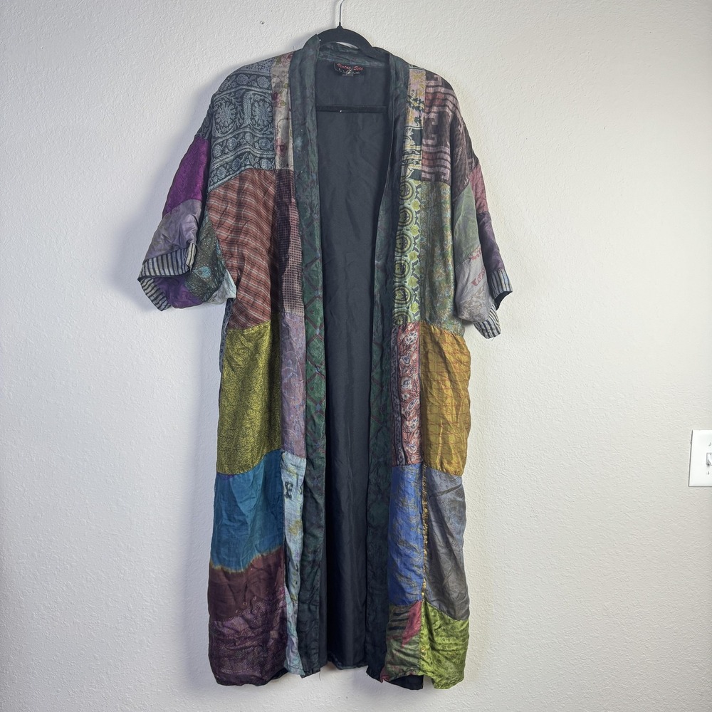 Vintage Sacred‎ Threads Kimono Womens Small Medium Silk Patchwork Boho Robe